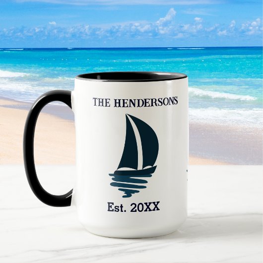 Chic Navy Blue Boat Family Name Yacht Tasse