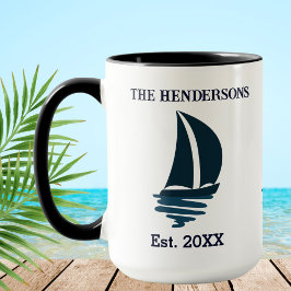 Chic Navy Blue Boat Family Name Yacht Tasse