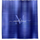 Chic Navy Blue Brushed Metal Monogram Girl Script Duschvorhang (Vorderseite)