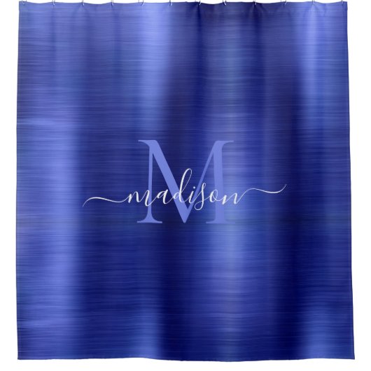 Chic Navy Blue Brushed Metal Monogram Girl Script Duschvorhang (Vorderseite)