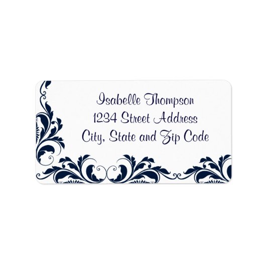 Chic Navy Blue Damask Blüh Border Adressaufkleber (Vorne)