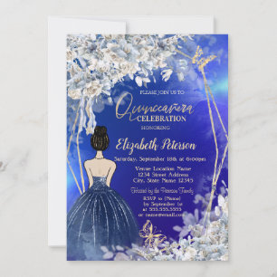 Chic Navy Blue Dress Girl, Blue Blumen Quinceanera Einladung