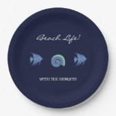 Chic Navy Blue Fish Muschel Familienname Beach Hou Pappteller (Vorderseite)