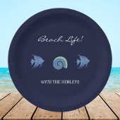 Chic Navy Blue Fish Muschel Familienname Beach Hou Pappteller