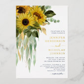 Chic Navy Blue Floral Sunflower Wedding Gold Folieneinladung (Vorderseite)