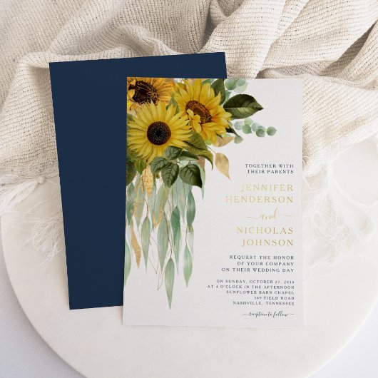 Chic Navy Blue Floral Sunflower Wedding Gold Folieneinladung