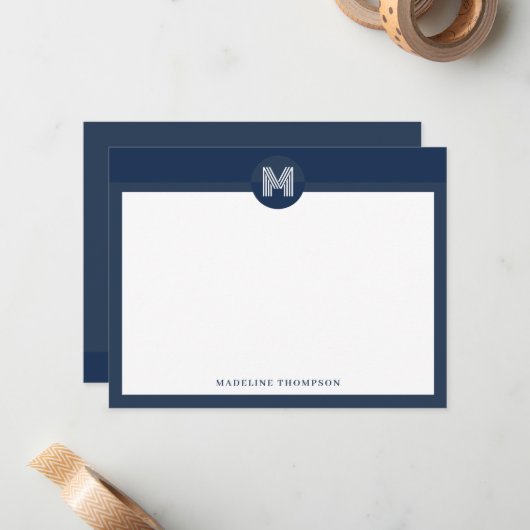 Chic Navy Blue Geometric Modern Monogram Mitteilungskarte (Vorderseite/Rückseite Beispiel)