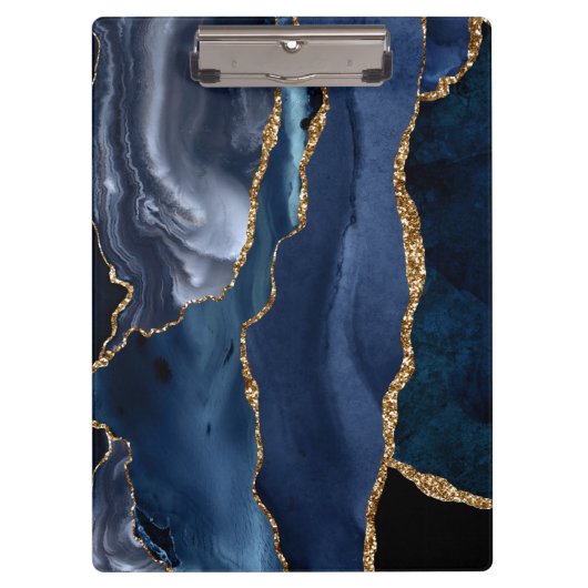 Chic Navy Blue Glitzer Agate Geode Monogram Klemmbrett (Vorderseite)