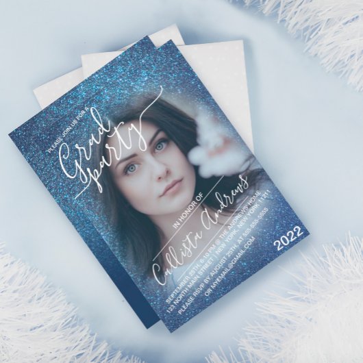 Chic Navy Blue Glitzer Ombre Foto Abschluss Einladung
