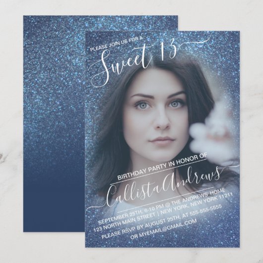 Chic Navy Blue Glitzer Ombre Foto Sweet 13 Einladung (Vorne/Hinten)