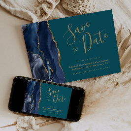 Chic Navy Blue Gold Agate Aquamarin Save the Date  Einladung