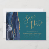 Chic Navy Blue Gold Agate Aquamarin Save the Date Einladung (Vorderseite)