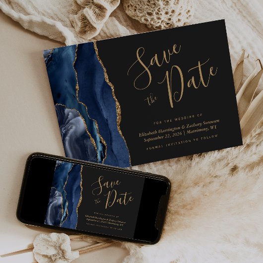 Chic Navy Blue Gold Agate Dark Save the Date Card Einladung