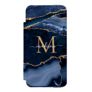 Chic Navy Blue Gold Agate Geode Feminine Monogram Incipio Watson™ iPhone 5 Geldbörsen Hülle