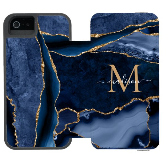Chic Navy Blue Gold Agate Geode Feminine Monogram Incipio iPhone Geldbeutel-Hülle (Folio Geöffnet)