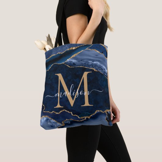 Chic Navy Blue Gold Agate Geode Feminine Monogram Tasche (Von Nahem)