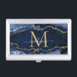 Chic Navy Blue Gold Agate Geode Feminine Monogram Visitenkarten Dose<br><div class="desc">Modern Glam Navy Blue Gold Glitzer Sparkle Agate Geode Gemstone Elegant Feminine Monogram Script Name Business Card Fälle</div>