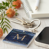 Chic Navy Blue Gold Agate Geode Glitzer Monogram Schlüsselanhänger (Vorderseite rechts)