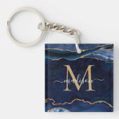 Chic Navy Blue Gold Agate Geode Glitzer Monogram Schlüsselanhänger (Vorderseite)