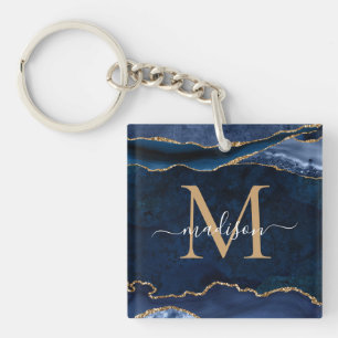 Chic Navy Blue Gold Agate Geode Glitzer Monogram Schlüsselanhänger