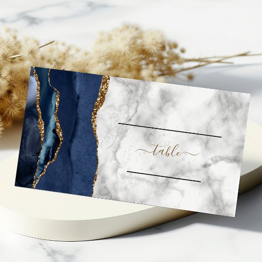Chic Navy Blue Gold Agate Marble Wedding Platzkarte