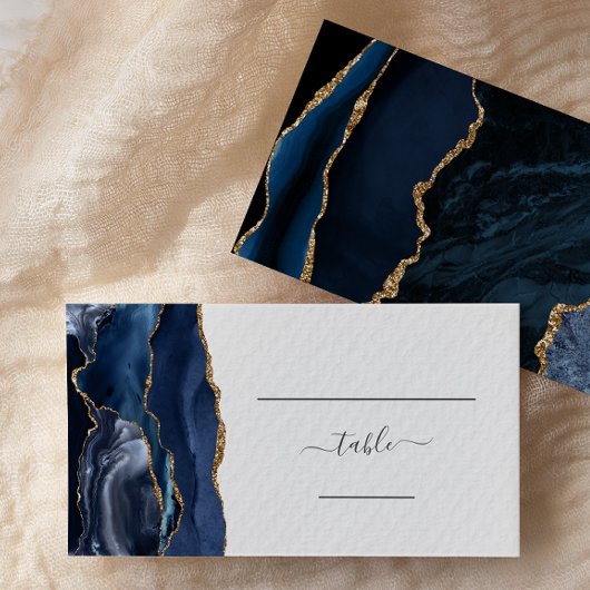 Chic Navy Blue Gold Agate Wedding Escort Platzkarte