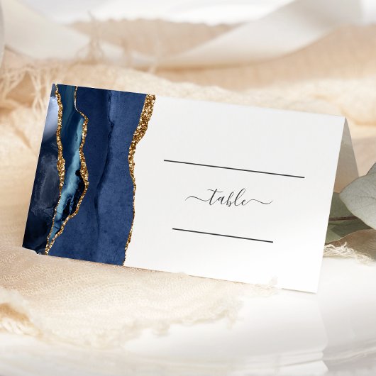 Chic Navy Blue Gold Agate Wedding Table Platzkarte