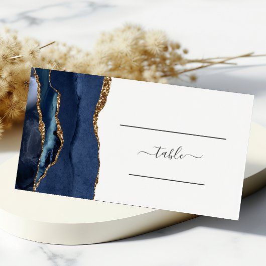 Chic Navy Blue Gold Agate Wedding Table Platzkarte