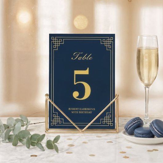 Chic Navy Blue Gold Art Deco 80th Birthday Tischnummer