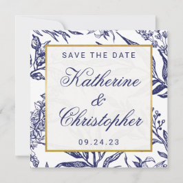 Chic Navy Blue Gold Botanical Save the Date Foto
