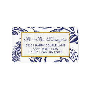 Chic Navy Blue Gold Botanical Wedding Address Adressaufkleber