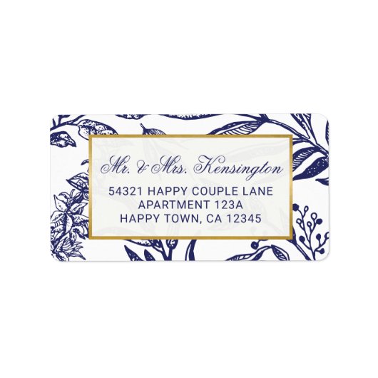 Chic Navy Blue Gold Botanical Wedding Address Adressaufkleber (Vorne)