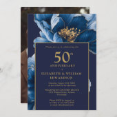 Chic Navy Blue Gold Floral 50 Jahre Foto Einladung (Vorne/Hinten)