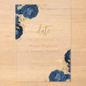 Chic Navy Blue Gold Floral Wedding Save the Date Acryleinladungen (Vorderseite)