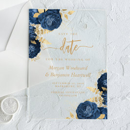 Chic Navy Blue Gold Floral Wedding Save the Date Acryleinladungen