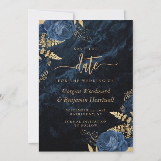 Chic Navy Blue Gold Floral Wedding Save the Date Einladung (Vorderseite)