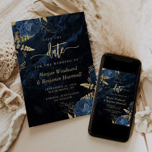 Chic Navy Blue Gold Floral Wedding Save the Date Einladung