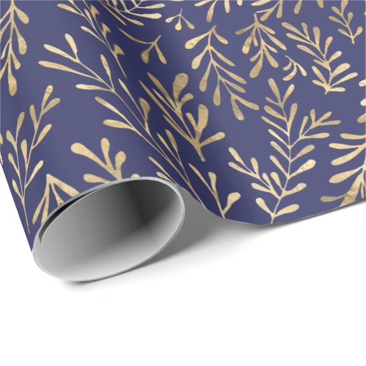Chic Navy Blue Gold Foliage Muster Geschenkpapier (Rolleneckpunkt)