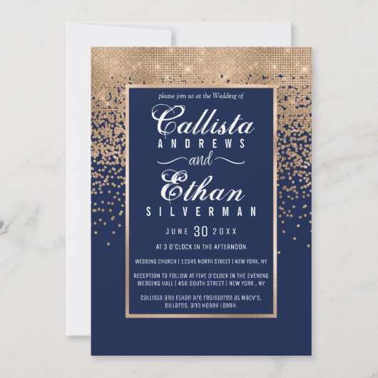 Chic Navy Blue Gold Glitzer Confetti Wedding Einladung (Vorderseite)