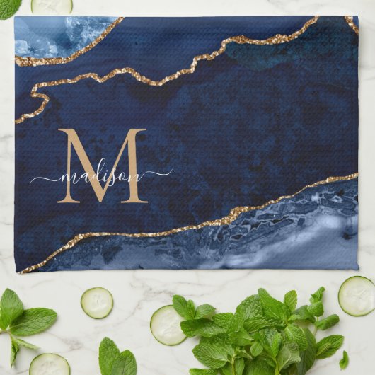 Chic Navy Blue Gold Glitzer Geode Marble Monogram Geschirrtuch (Gefaltet)