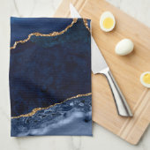 Chic Navy Blue Gold Glitzer Geode Marble Monogram Geschirrtuch (Viertel Falte)