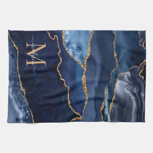Chic Navy Blue Gold Glitzer Geode Marble Monogram Geschirrtuch (Horizontal)