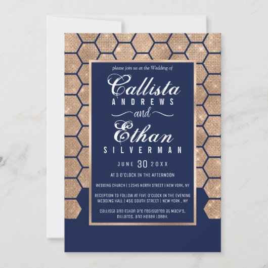 Chic Navy Blue Gold Glitzer Hexagon Geo Wedding Einladung (Vorderseite)
