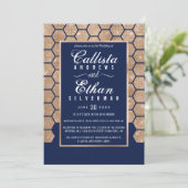 Chic Navy Blue Gold Glitzer Hexagon Geo Wedding Einladung (Stehend Vorderseite)