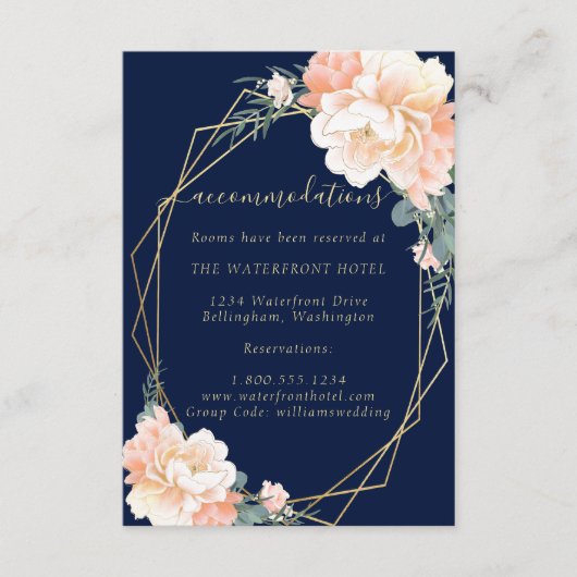 Chic Navy Blue Gold Peach Floral Wedding Details Begleitkarte (Vorderseite)