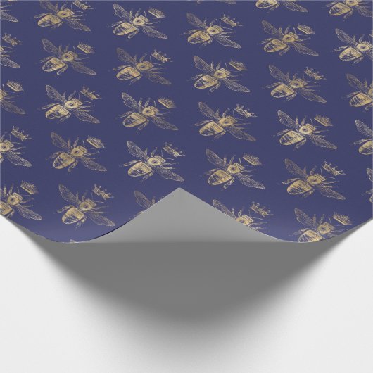 Chic Navy Blue Gold Queen Bee Pattern Geschenkpapier (Ecke)