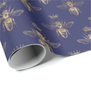 Chic Navy Blue Gold Queen Bee Pattern Geschenkpapier