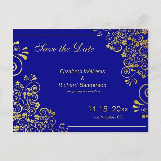 Chic Navy Blue Gold Save the Date Hochzeit Ankündigungspostkarte (Vorderseite)