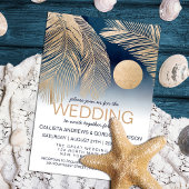 Chic Navy Blue Gold White Palm Tree Leaf Wedding Einladung