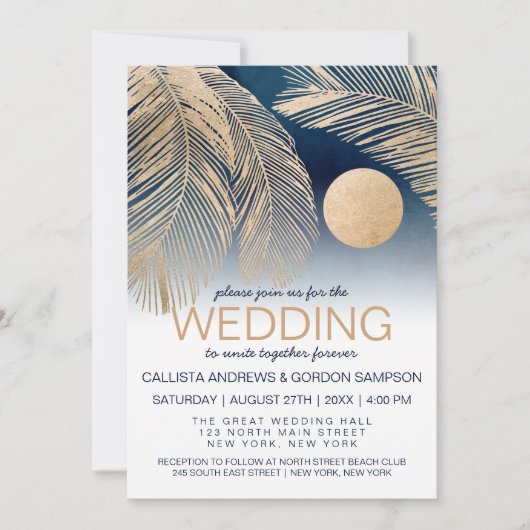 Chic Navy Blue Gold White Palm Tree Leaf Wedding Einladung (Vorderseite)